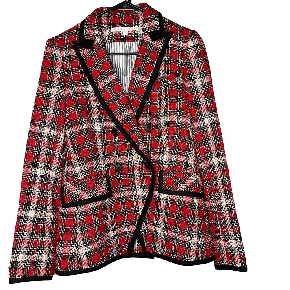 Veronica Beard Red Black White Plaid Double-Breasted Blazer